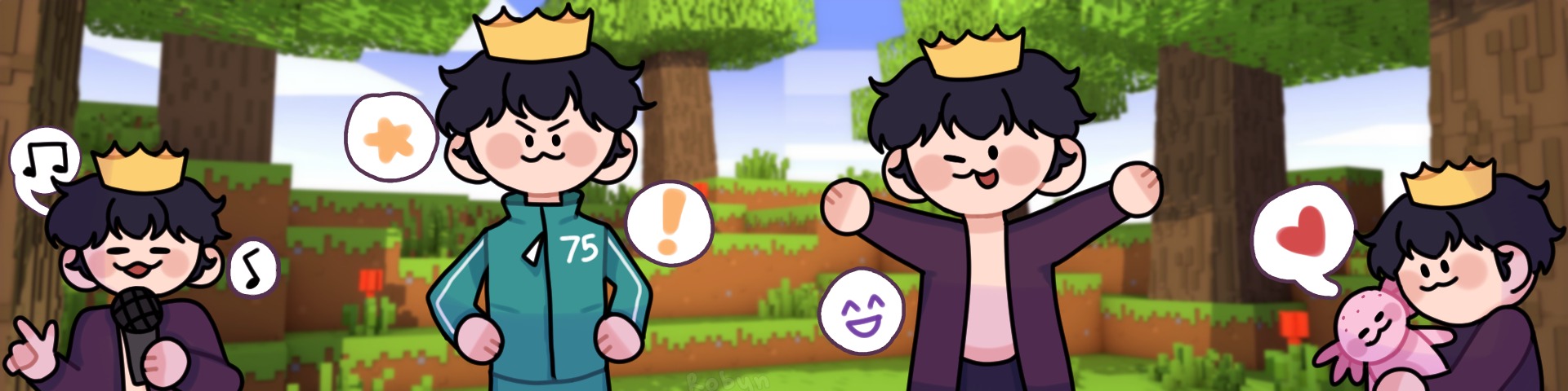 Alexisamoron illustrated banner with playful crowned character art